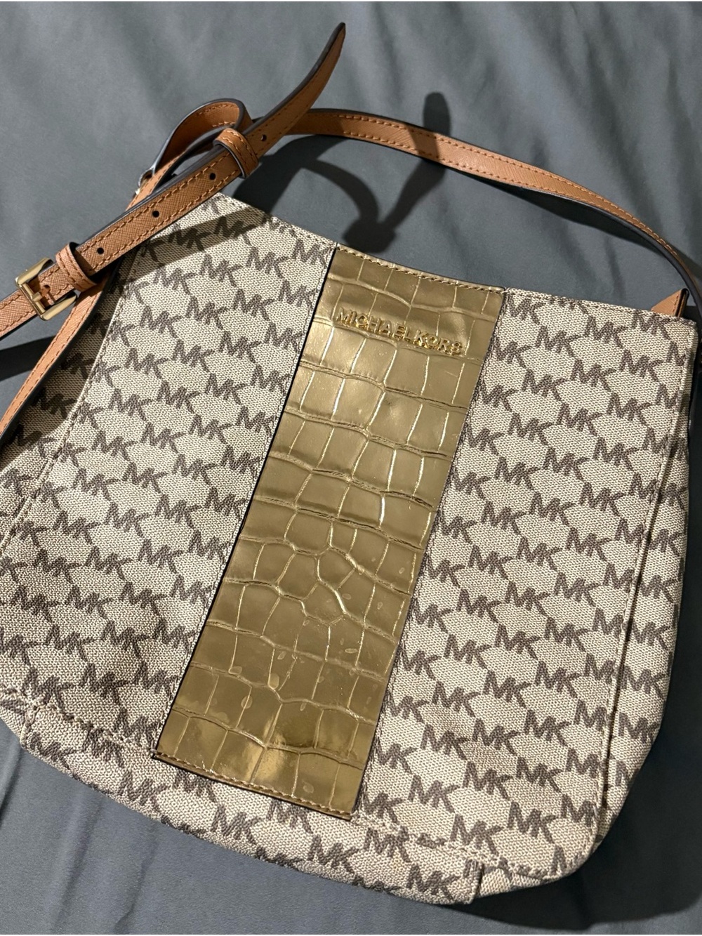 Michael Kors Beige MK Monogram Messenger Bag with Gold Croc Panel